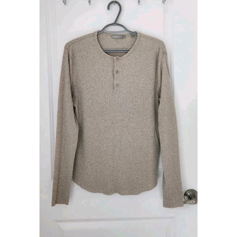 VINCE Men's Heather Beige Ribbed Knit Cotton Wool Henley Long Sleeve Cotton L